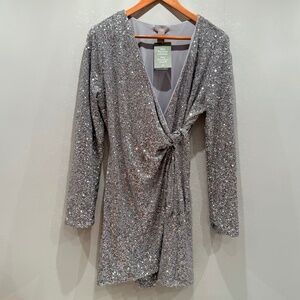 H&M silver sequins wrap dress, size M